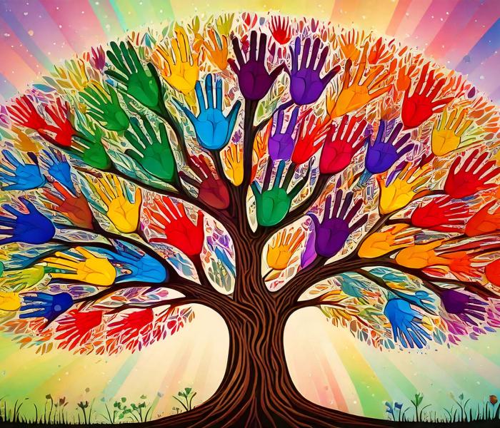 A tree whose leaves are hands in a variety of bright colors