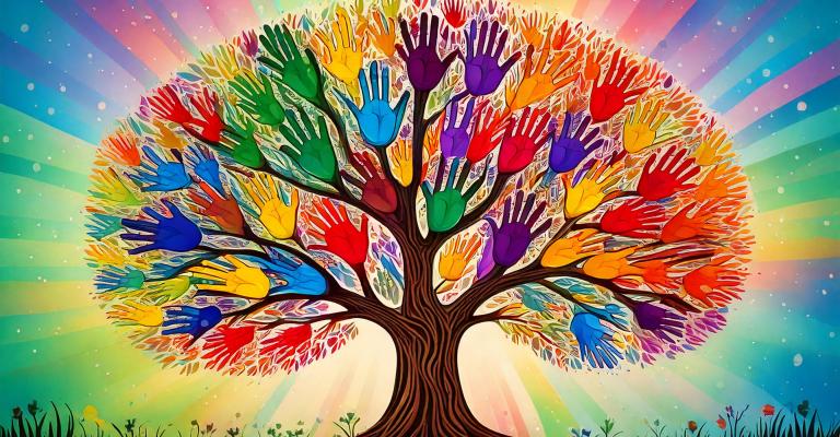 A tree whose leaves are hands in a variety of bright colors